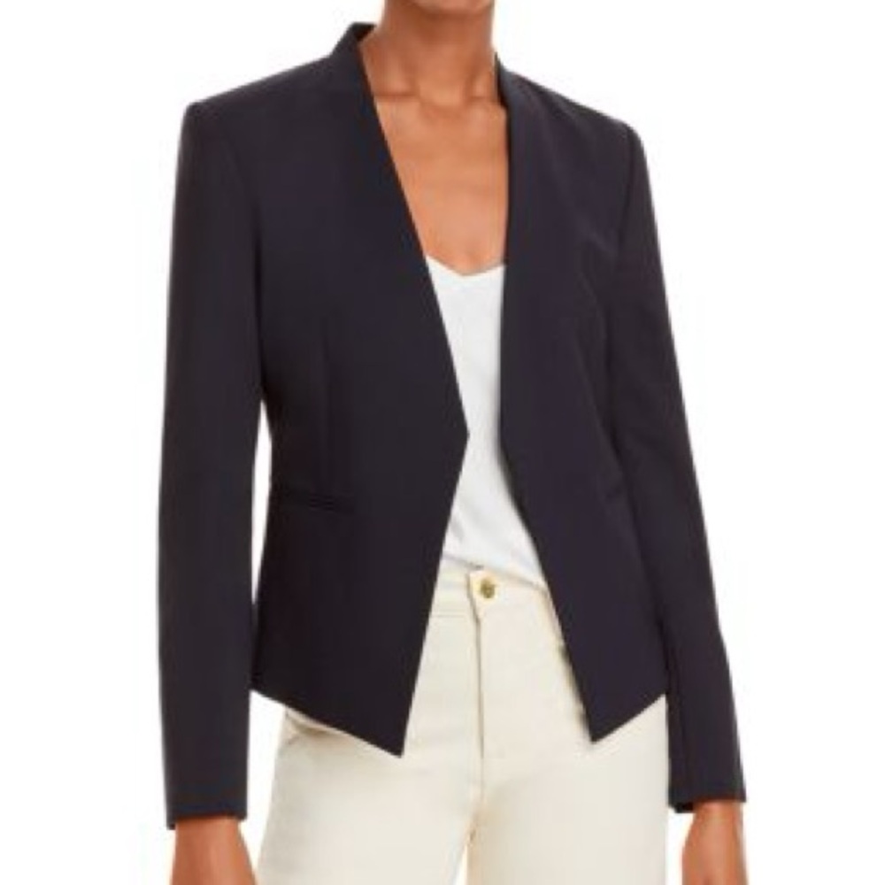 Theory Black Open Front Blazer Collarless Triacetate Minimalist Workwear, Size 2